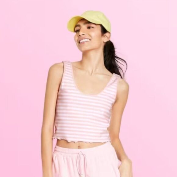 STONEY CLOVER Pink White Stripe Crop Top XL Lettuce Hem Preppy Soft Girl Summer - Picture 1 of 5